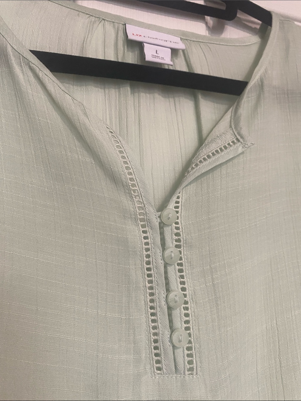 Liz Claiborne Sea Foam Green Sheer Button Front Peasant-Style Blouse Sz Large - Picture 10 of 12